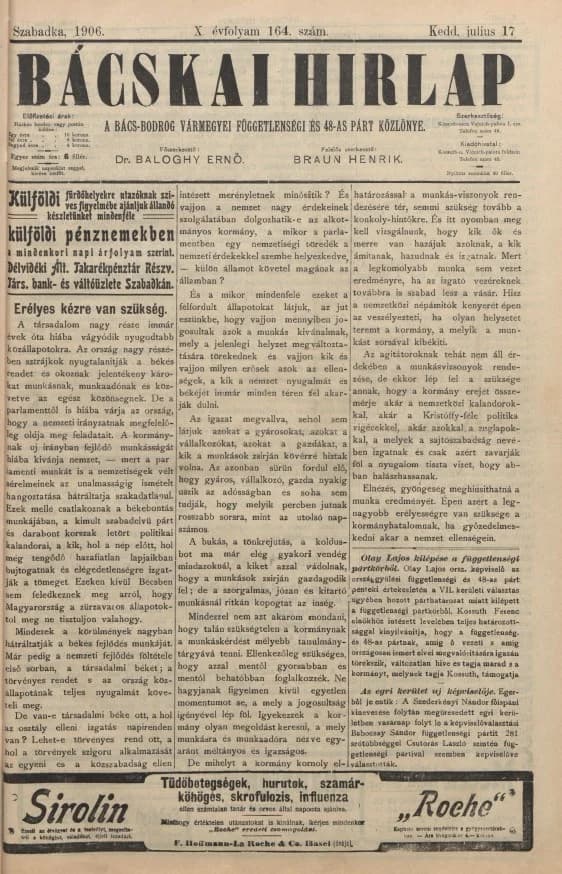 Bácskai Hirlap, 10. évf. 1906. július 17. 164. sz.