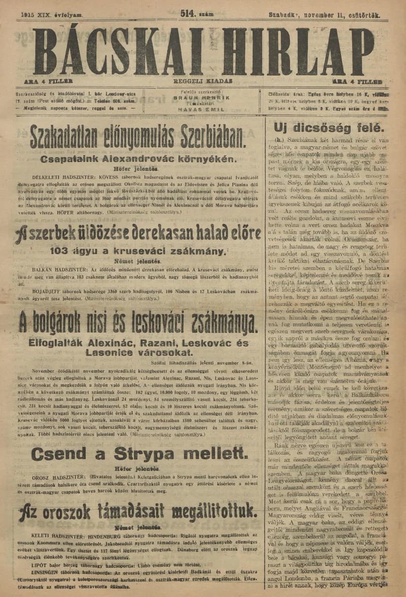 Bácskai Hirlap, 19. évf. 1915. november 11. 514. sz.
