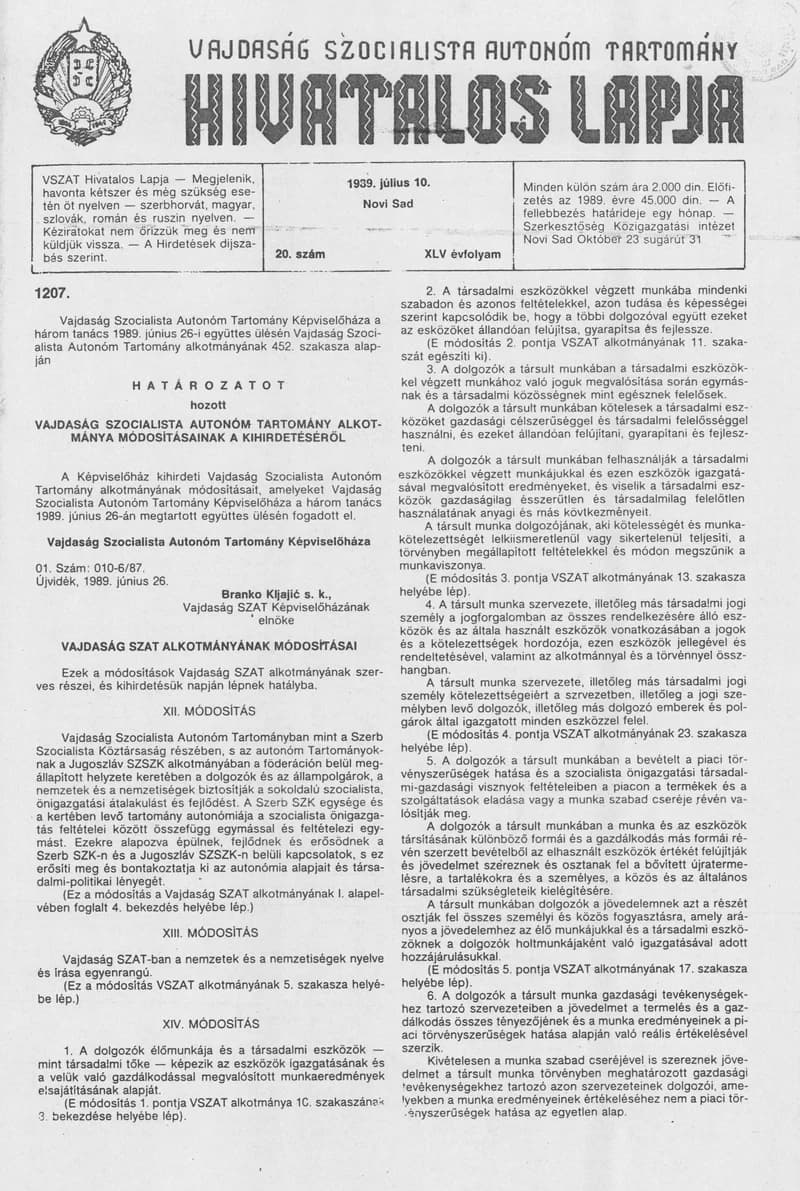 Vajdaság Szocialista Autonóm Tartomány Hivatalos Lapja, 45. évf. 1989. július 10. 20. sz.