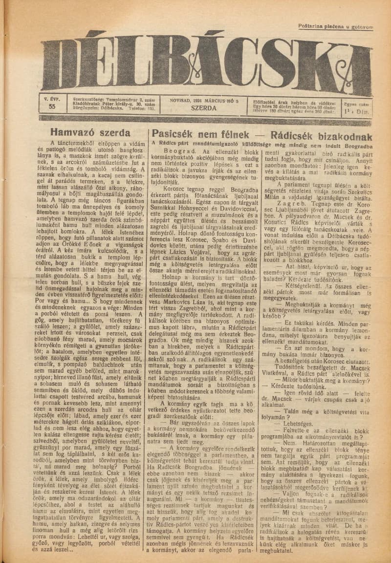 Délbácska, 5. évf. 1924. március 5. 55. sz.