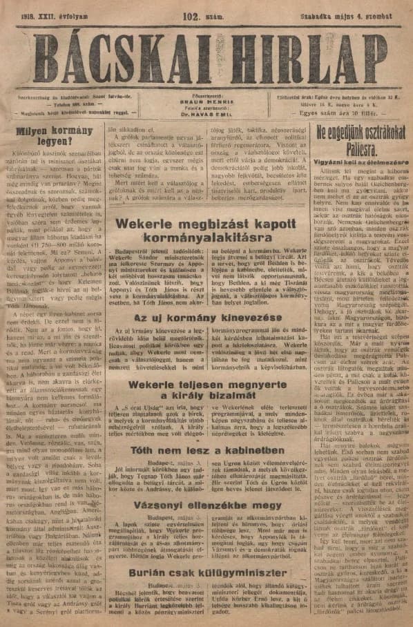 Bácskai Hirlap, 22. évf. 1918. május 4. 102. sz.