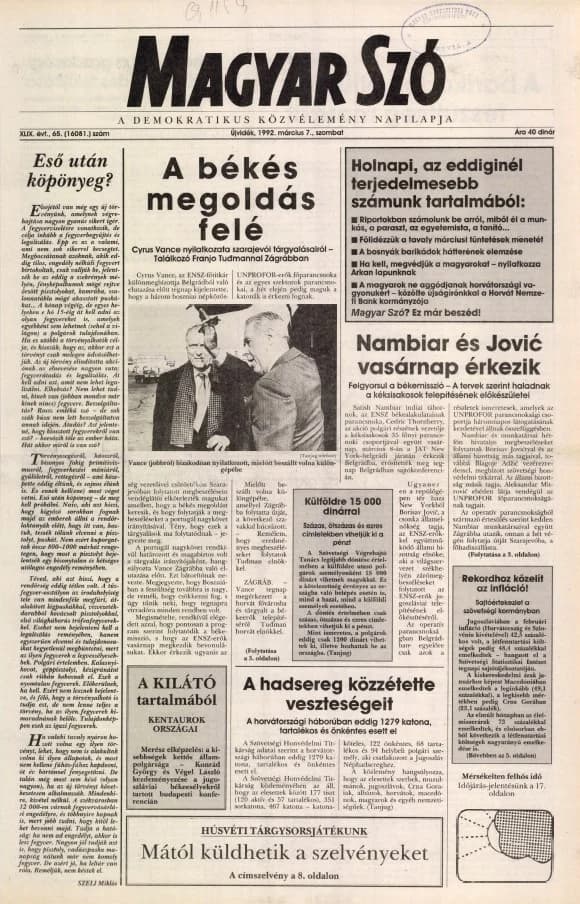 Magyar Szó, 49. évf. 1992. március 7. 65. sz. 1–20. oldal