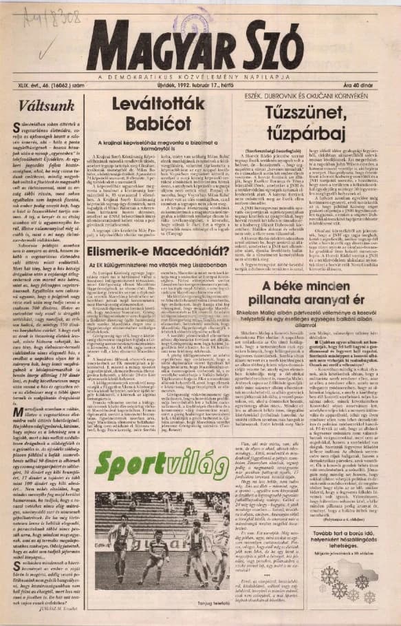 Magyar Szó, 49. évf. 1992. február 17. 46. sz. 1–20. oldal