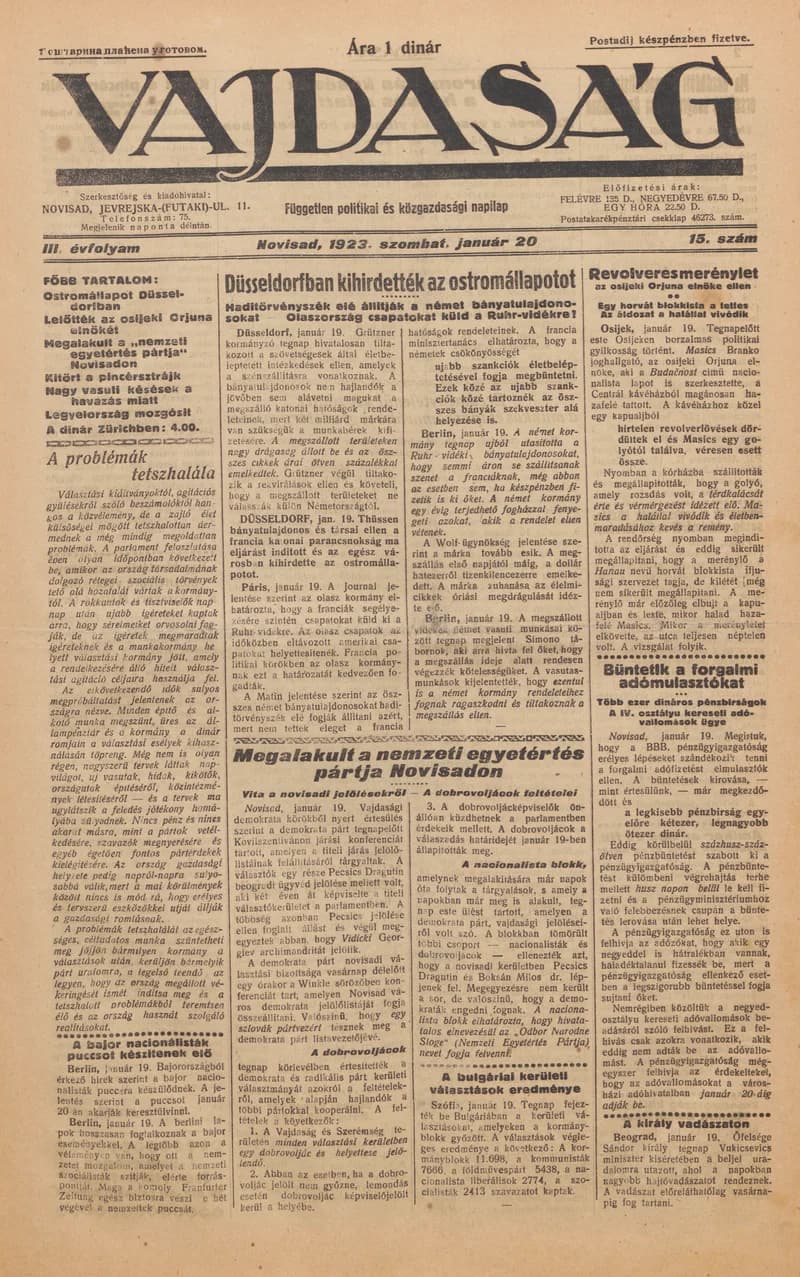 Vajdaság, 3. évf. 1923. január 20. 15. sz.