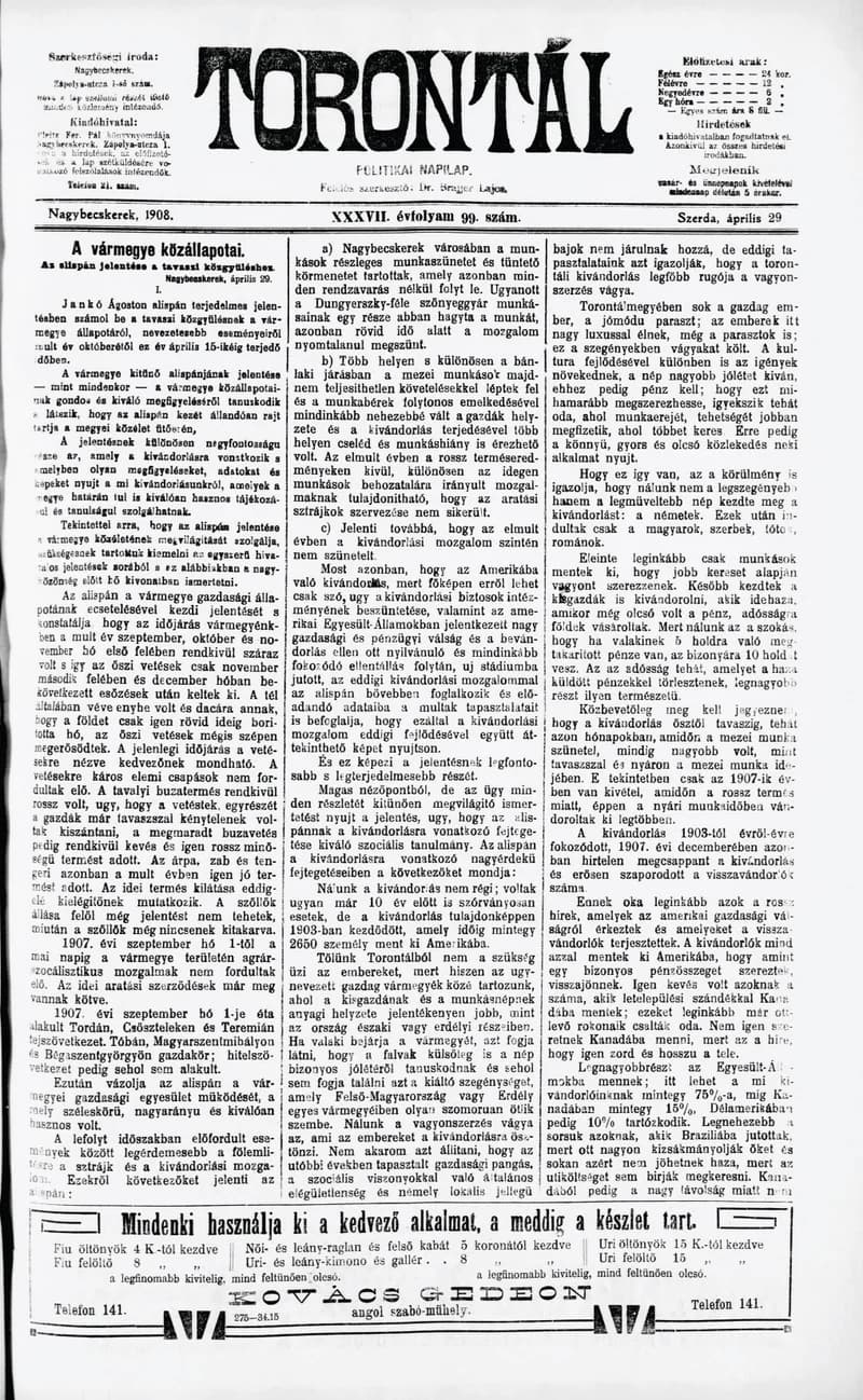 Torontál, 37. évf. 1908. április 29. 99. sz.