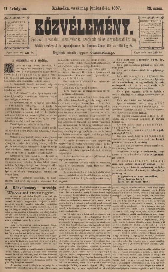 Közvélemény, 2. évf. 1887. június 5. 23. sz.