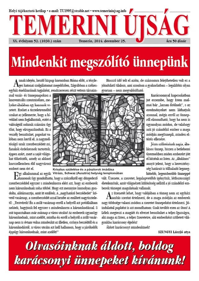 Temerini Újság, 20. évf. 2014. december 25. 52. sz.