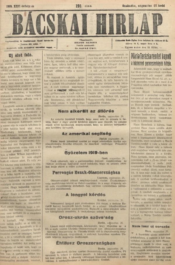 Bácskai Hirlap, 22. évf. 1918. augusztus 27. 191. sz.