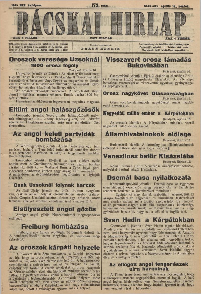 Bácskai Hirlap, 19. évf. 1915. április 16. 172. sz.