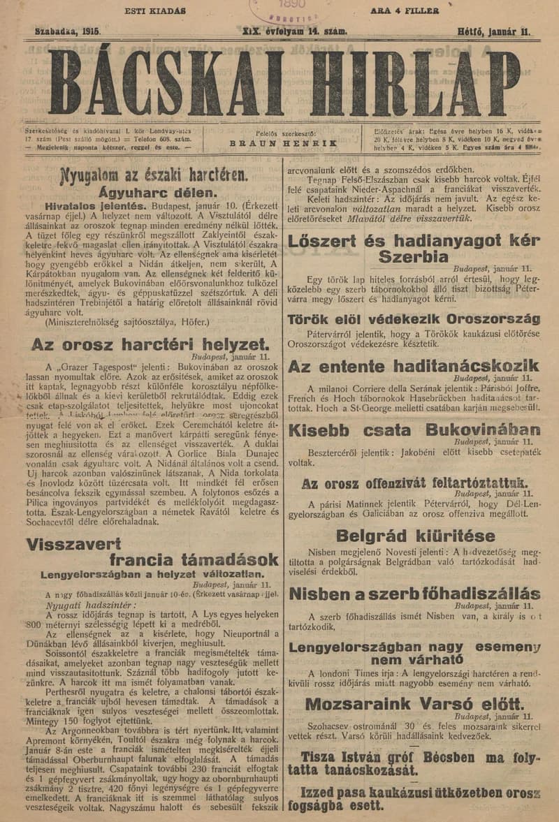 Bácskai Hirlap, 19. évf. 1915. január 11. 14. sz.