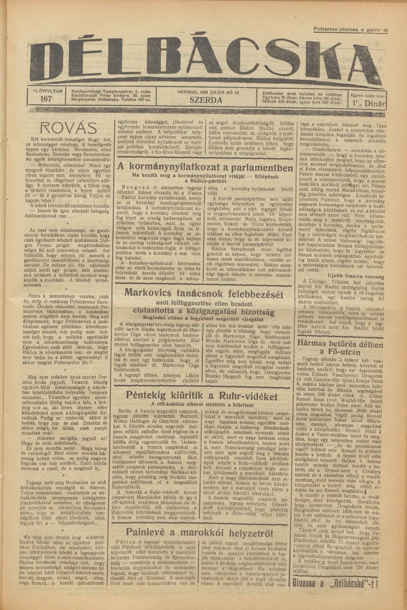 Délbácska, 6. évf. 1925. július 22. 167. sz.