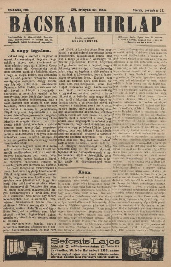 Bácskai Hirlap, 16. évf. 1912. november 27. 271. sz.