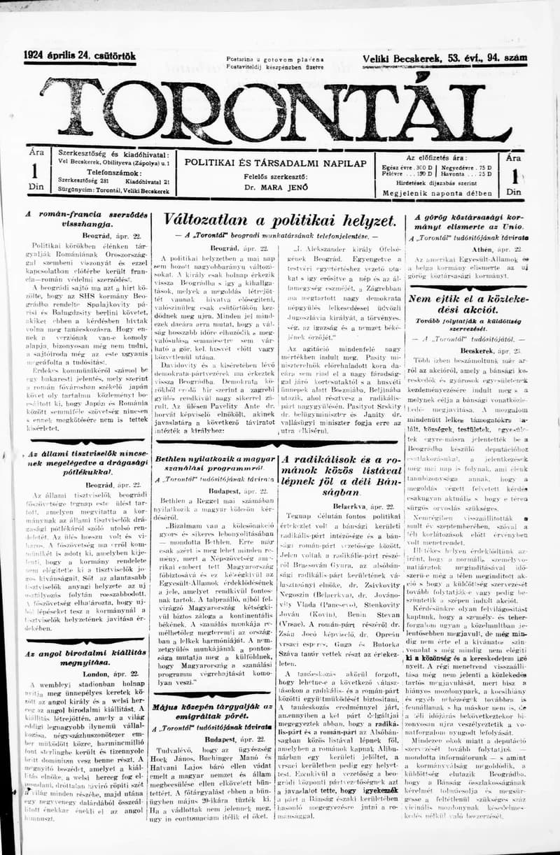 Torontál, 53. évf. 1924. április 24. 94. sz.