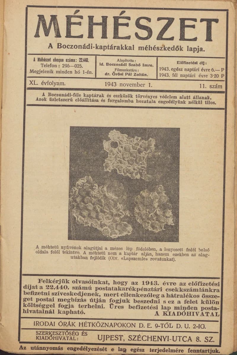 Méhészet, 40. évf. 1943. november 1. 11. sz.