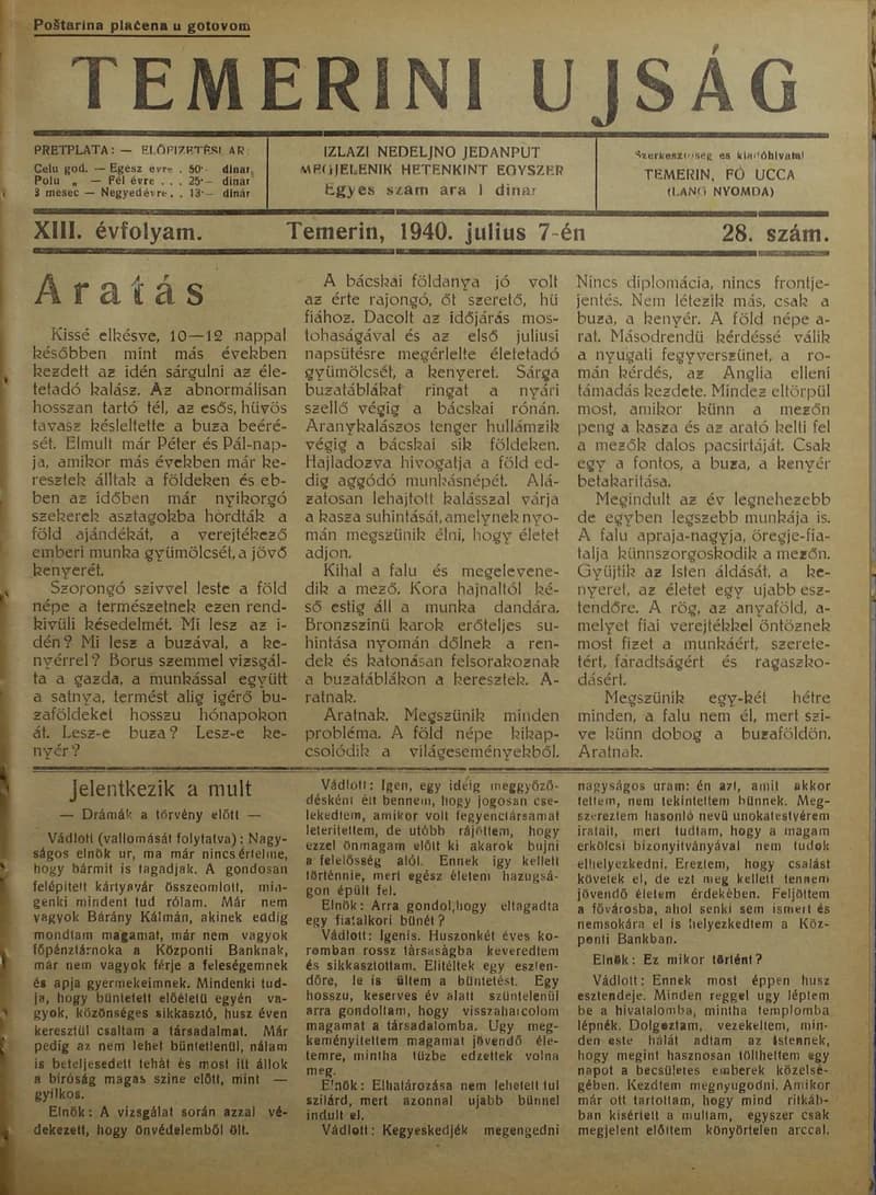 Temerini Újság 1928-1944, 13. évf. 1940. július 7. 28. sz.