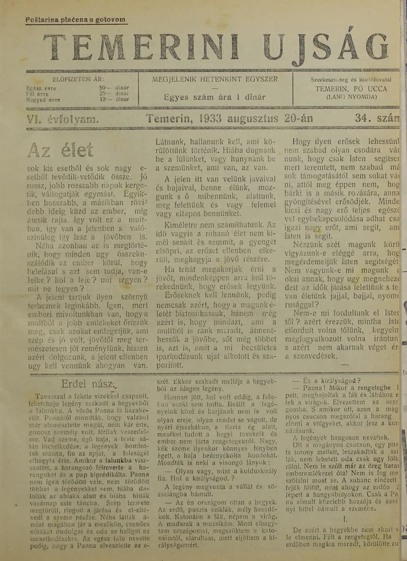 Temerini Újság 1928-1944, 6. évf. 1933. augusztus 20. 34. sz.