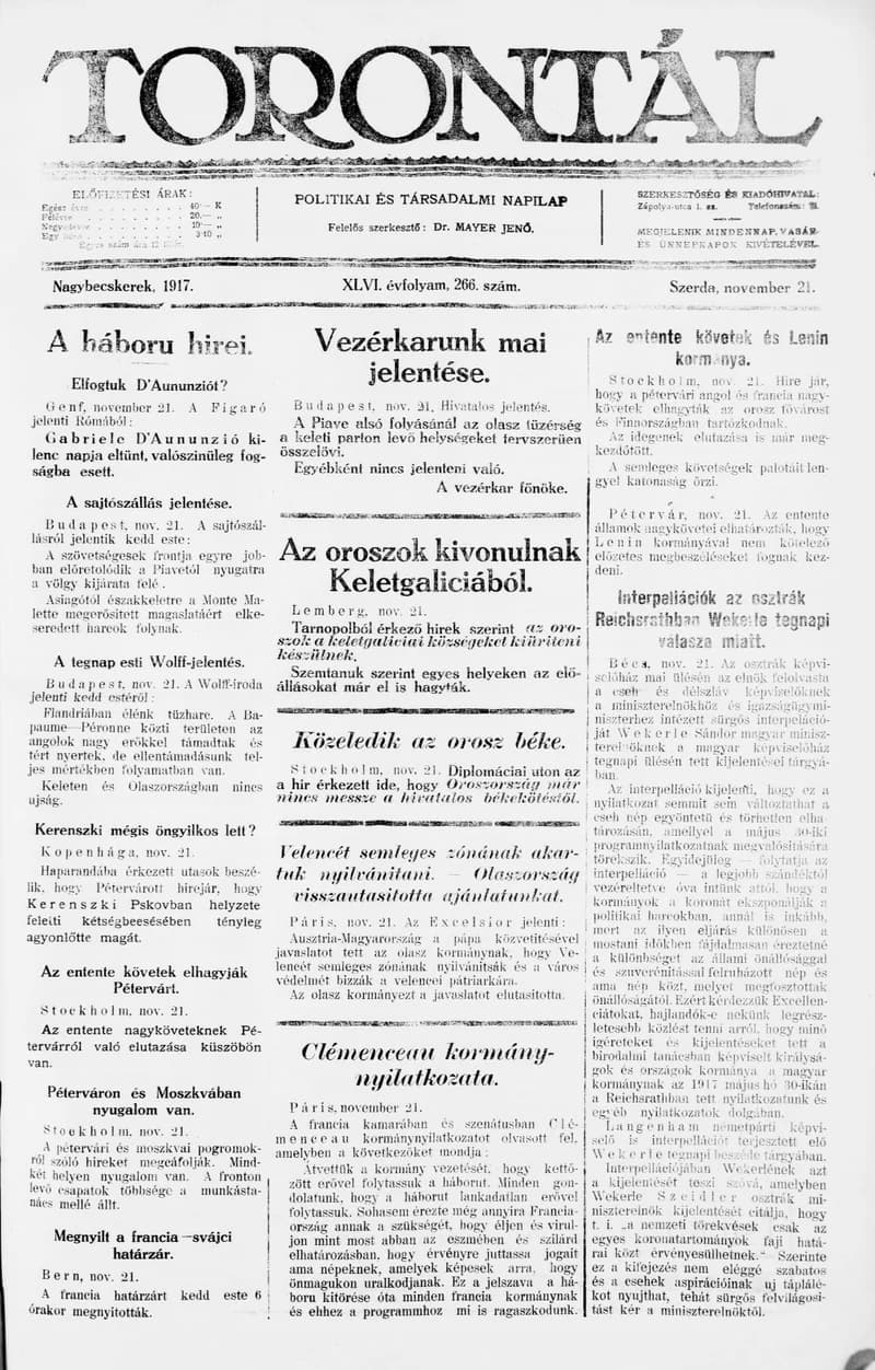 Torontál, 46. évf. 1917. november 21. 266. sz.