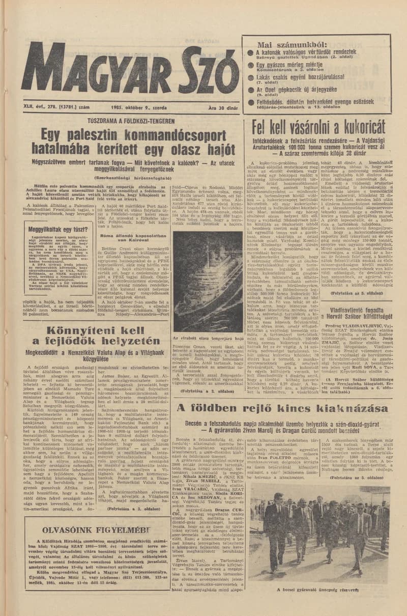 Magyar Szó, 42. évf. 1985. október 9. 278. sz. 1–16. oldal