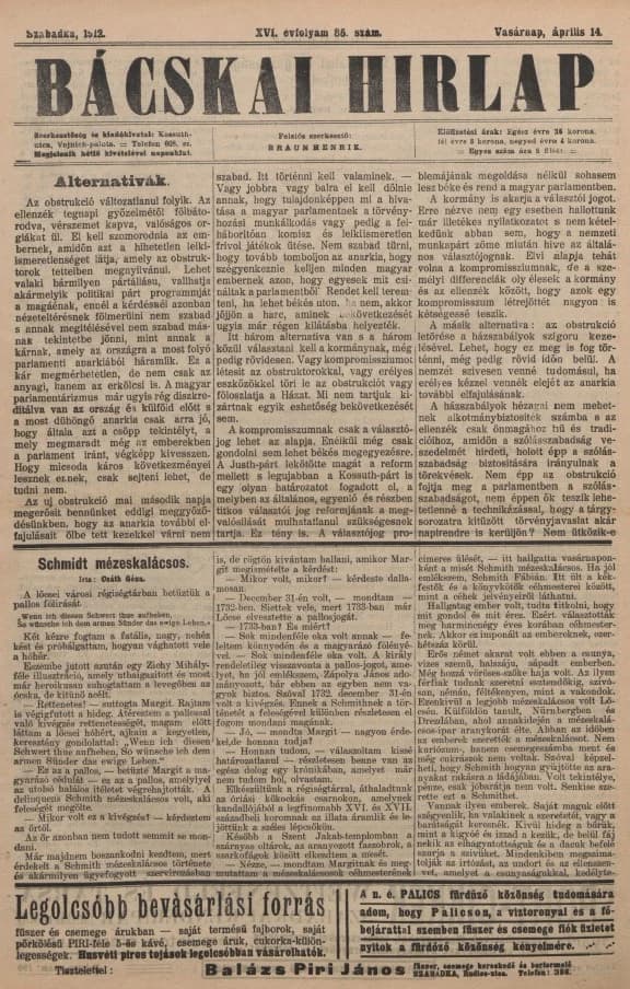 Bácskai Hirlap, 16. évf. 1912. április 14. 85. sz.