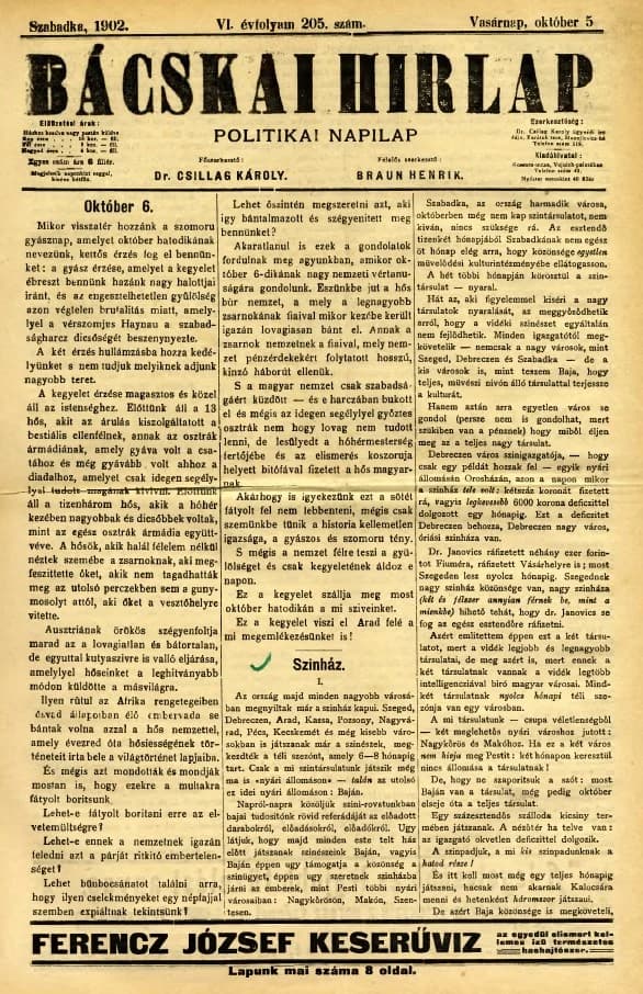 Bácskai Hirlap, 6. évf. 1902. október 5. 205. sz.