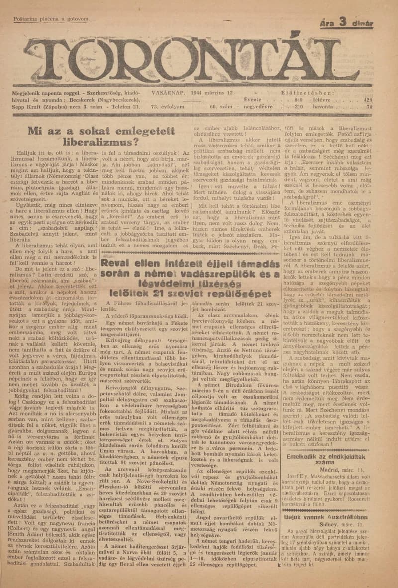 Torontál, 73. évf. 1944. március 12. 60. sz.