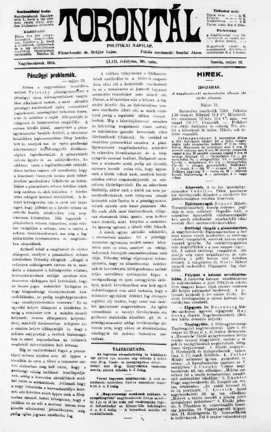 Torontál, 43. évf. 1914. május 13. 108. sz.