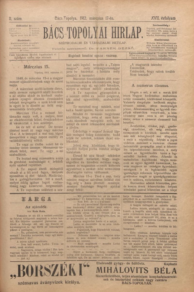 Bács-Topolyai Hirlap, 17. évf. 1912. március 17. 11. sz.