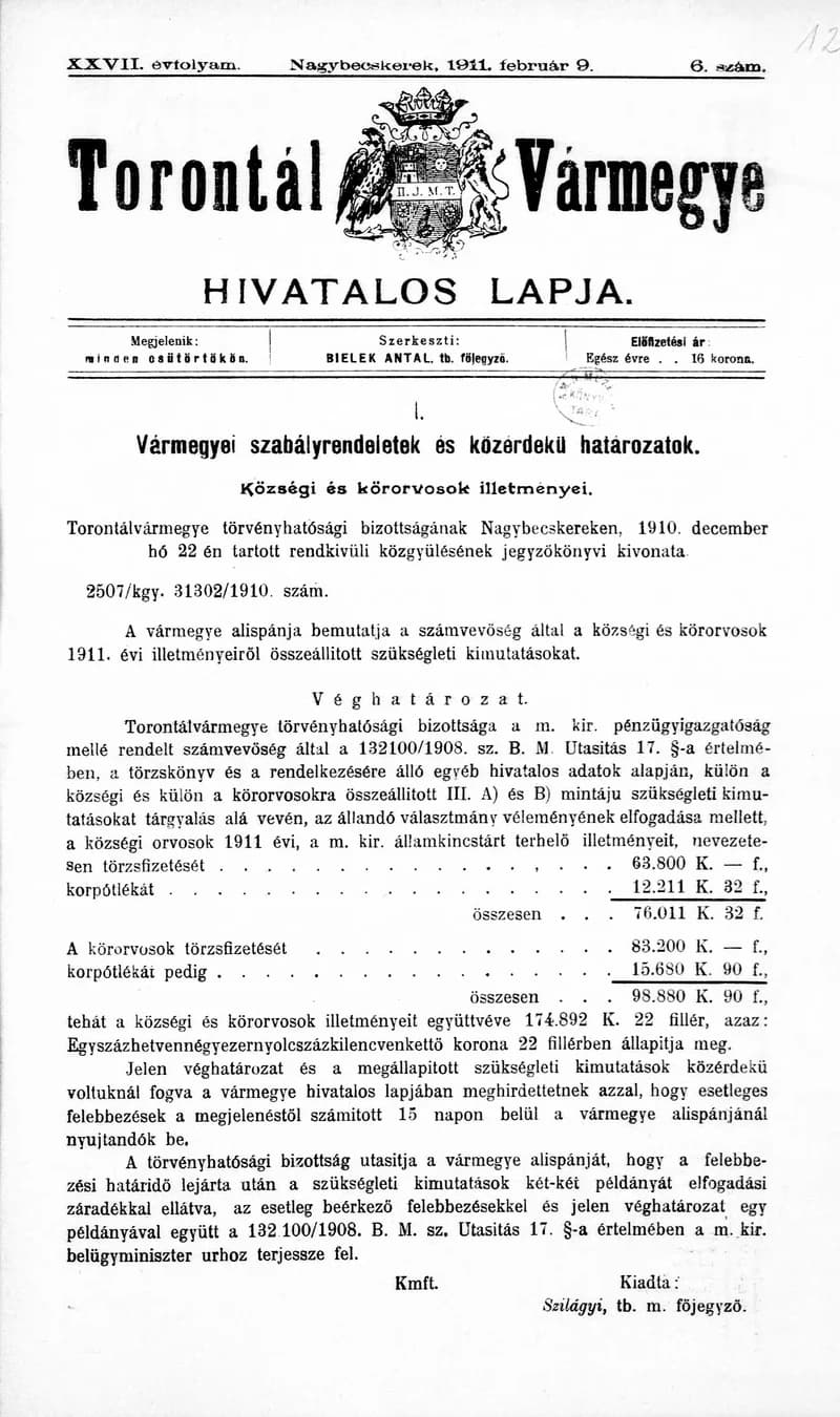 Torontál Vármegye Hivatalos Lapja, 27. évf. 1911. február 9. 6. sz.