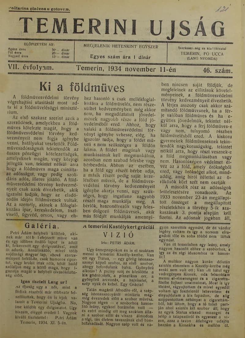 Temerini Újság 1928-1944, 7. évf. 1934. november 11. 46. sz.