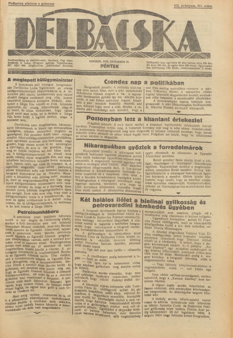 Délbácska, 7. évf. 1926. december 31. 301. sz.