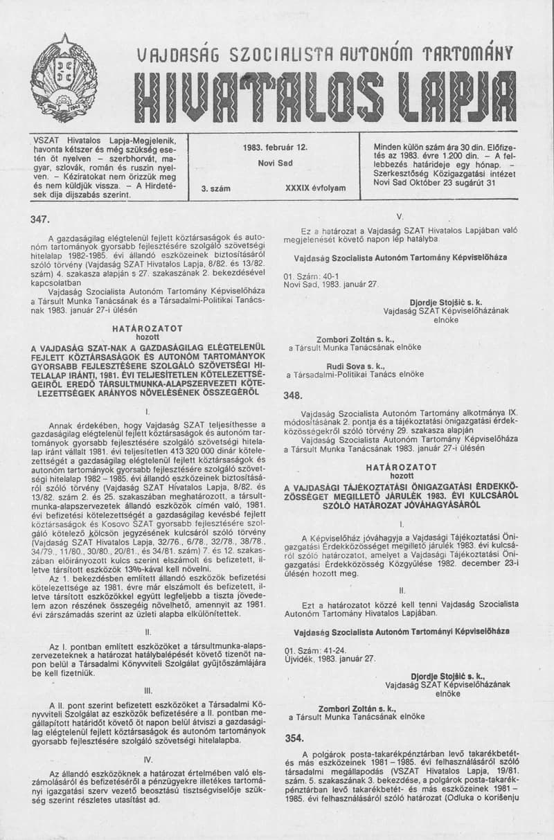 Vajdaság Szocialista Autonóm Tartomány Hivatalos Lapja, 39. évf. 1983. február 12. 3. sz.