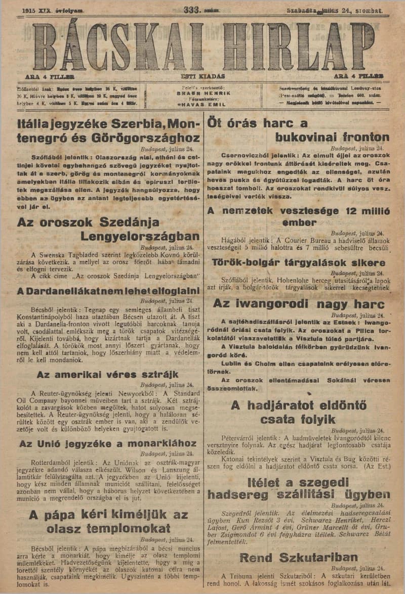 Bácskai Hirlap, 19. évf. 1915. július 24. 333. sz.