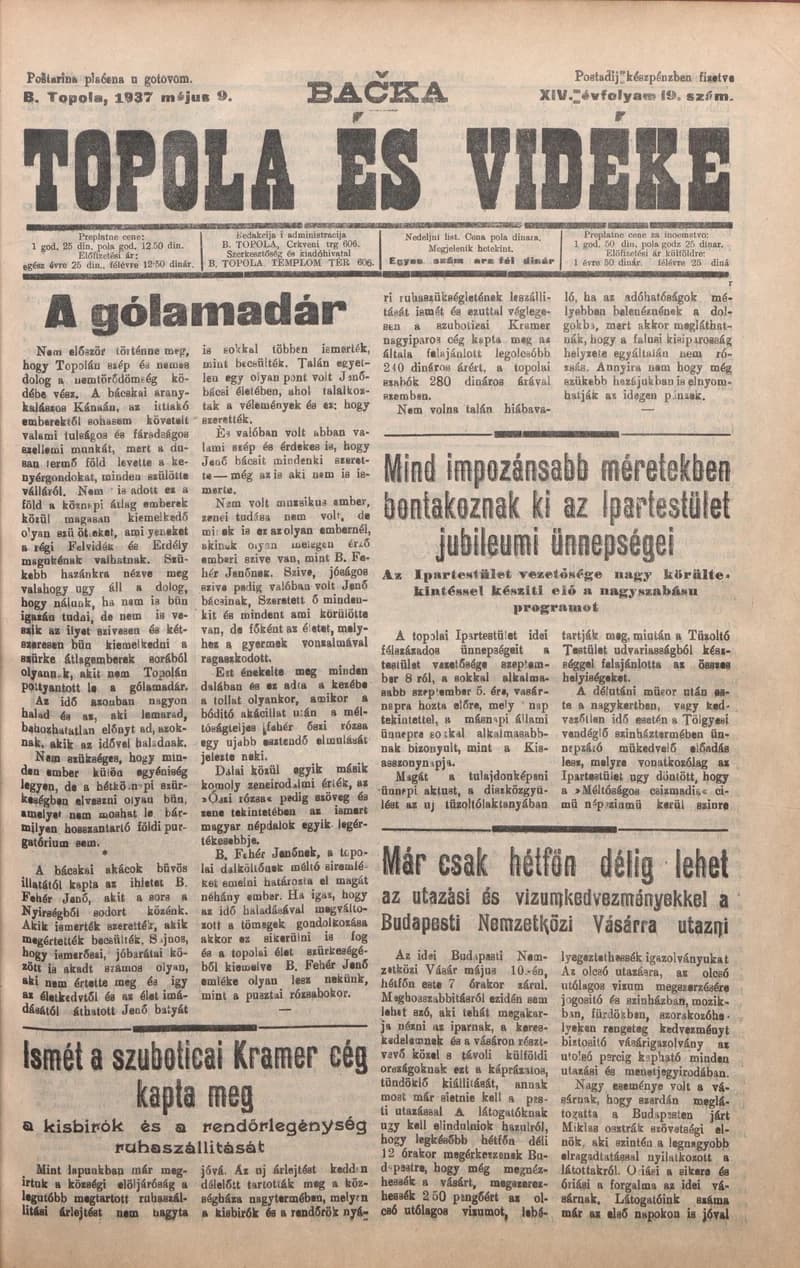 Bačka Topola és Vidéke, 14. évf. 1937. május 9. 19. sz.