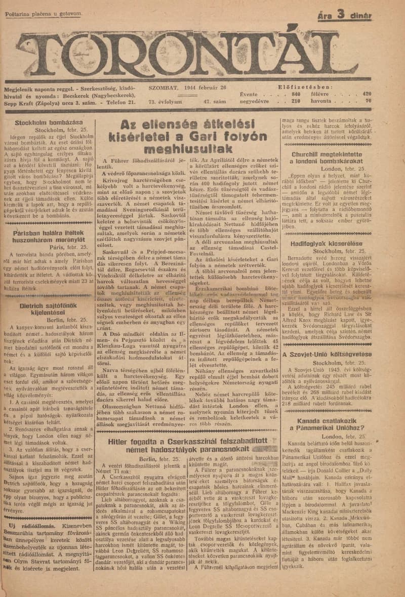 Torontál, 73. évf. 1944. február 26. 47. sz.