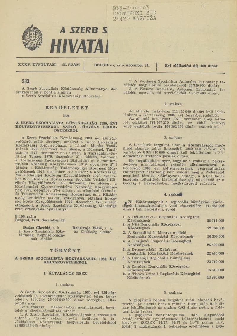 A Szerb Szocialista Köztársaság Hivatalos Közlönye, 35. évf. 1979. december 31. 55. sz. 2145–2196. oldal