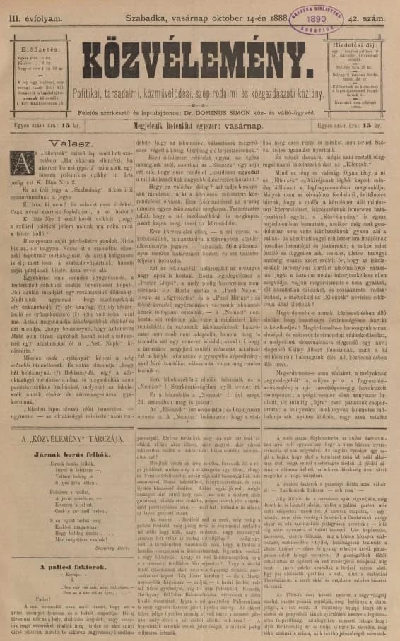 Közvélemény, 3. évf. 1888. október 14. 42. sz.