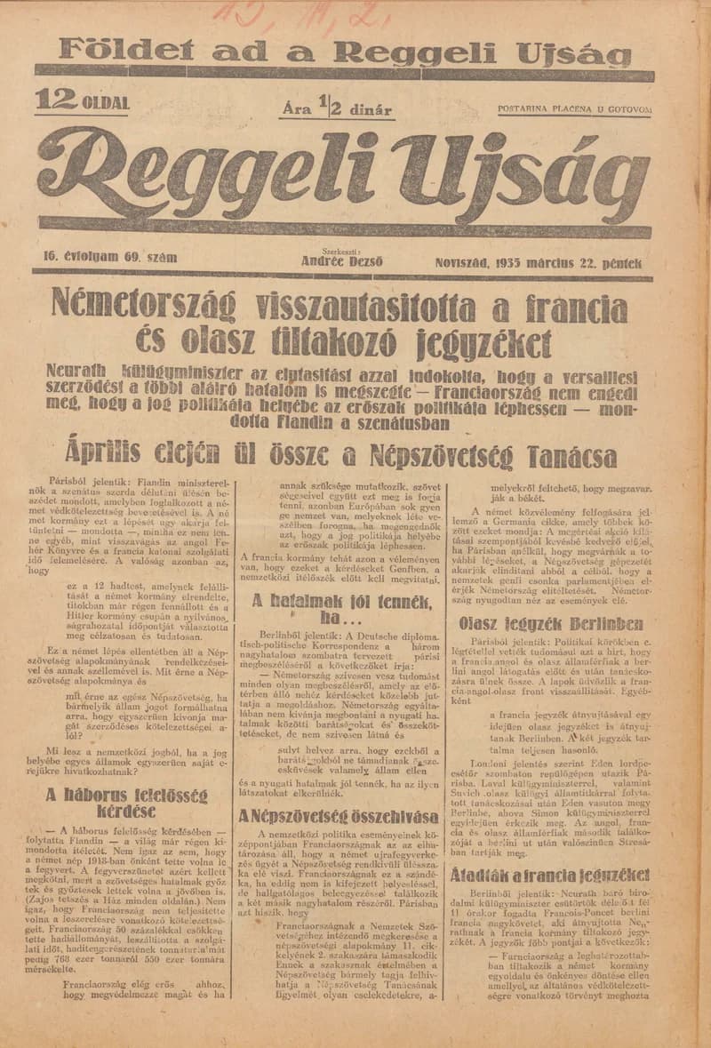 Reggeli Újság, 16. évf. 1935. március 22. 69. sz.