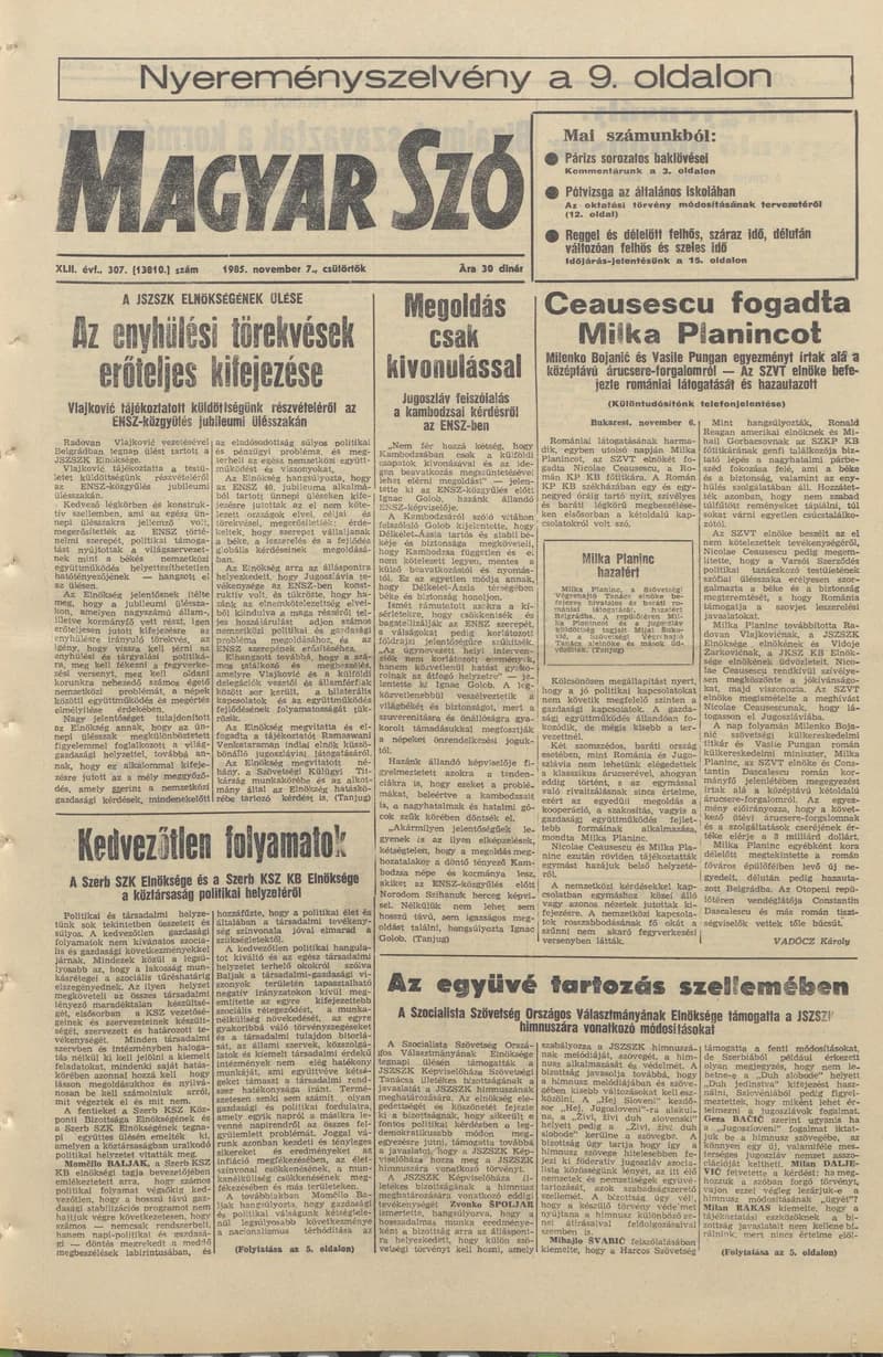 Magyar Szó, 42. évf. 1985. november 7. 307. sz. 1–20. oldal