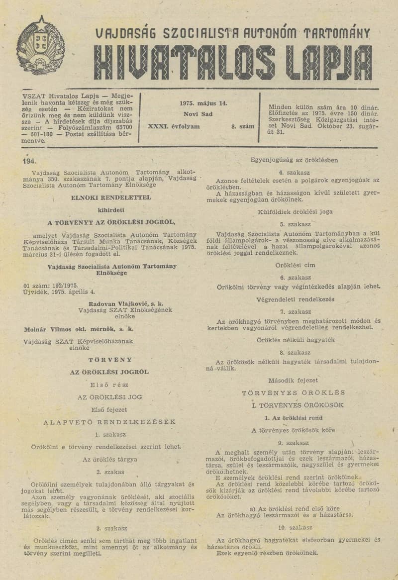 Vajdaság Szocialista Autonóm Tartomány Hivatalos Lapja, 31. évf. 1975. május 14. 8. sz. 277–304. oldal