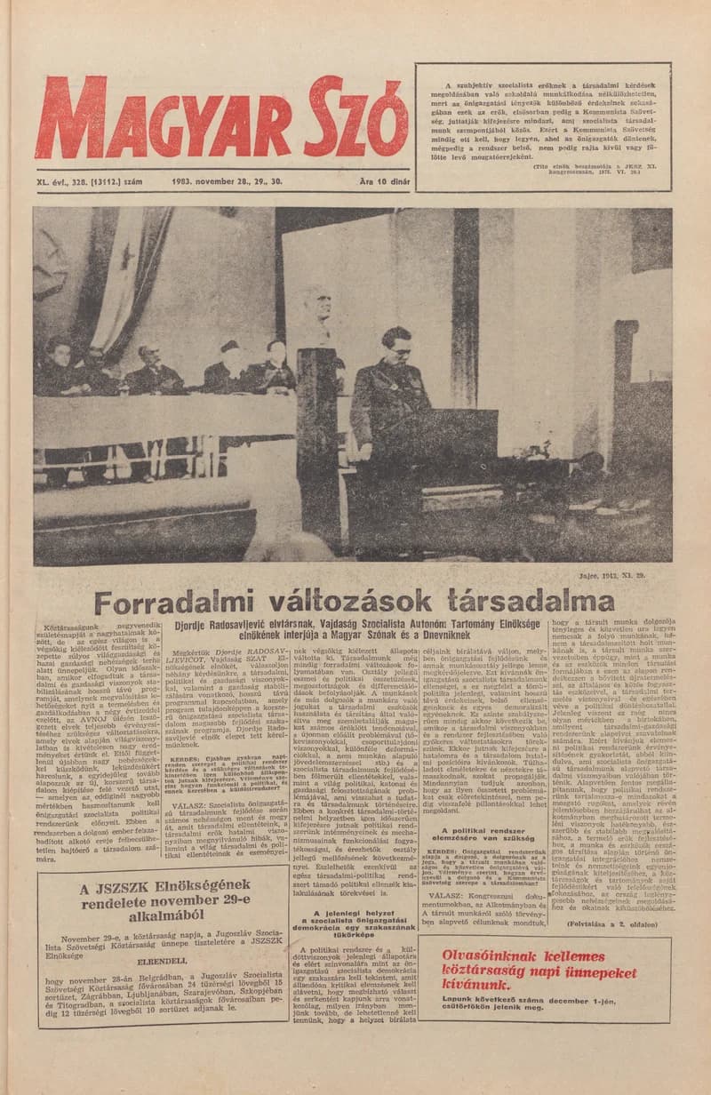 Magyar Szó, 40. évf. 1983. november 28. – 30. 328. sz.