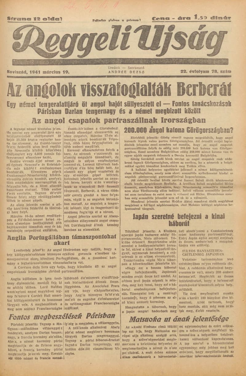 Reggeli Újság, 22. évf. 1941. március 19. 78. sz.
