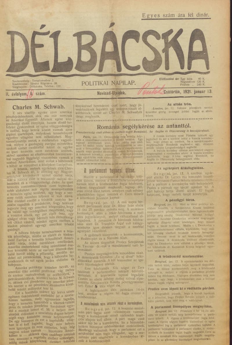 Délbácska, 2. évf. 1921. január 13. 10. sz.