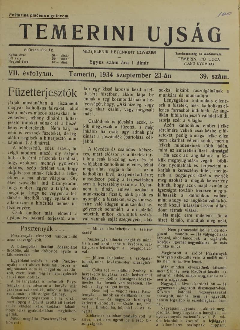 Temerini Újság 1928-1944, 7. évf. 1934. szeptember 23. 39. sz.