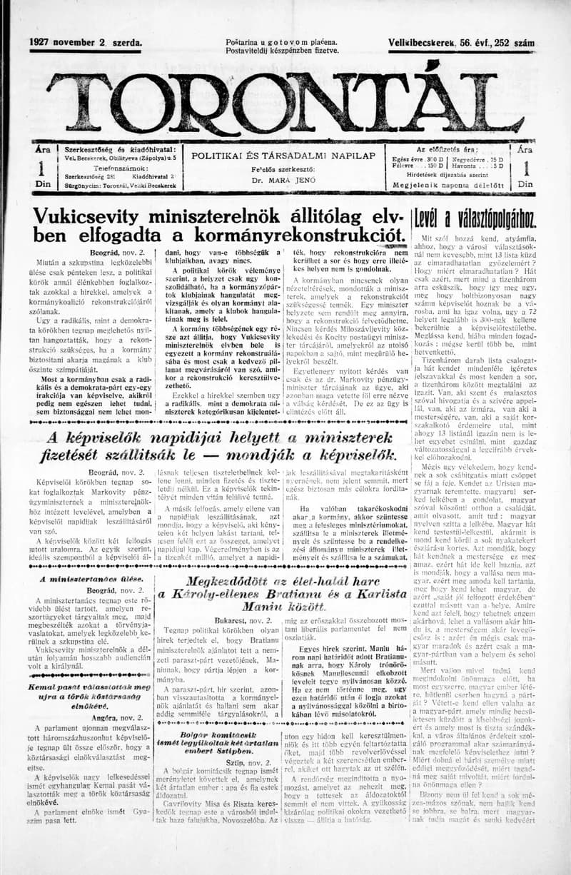 Torontál, 56. évf. 1927. november 2. 252. sz.