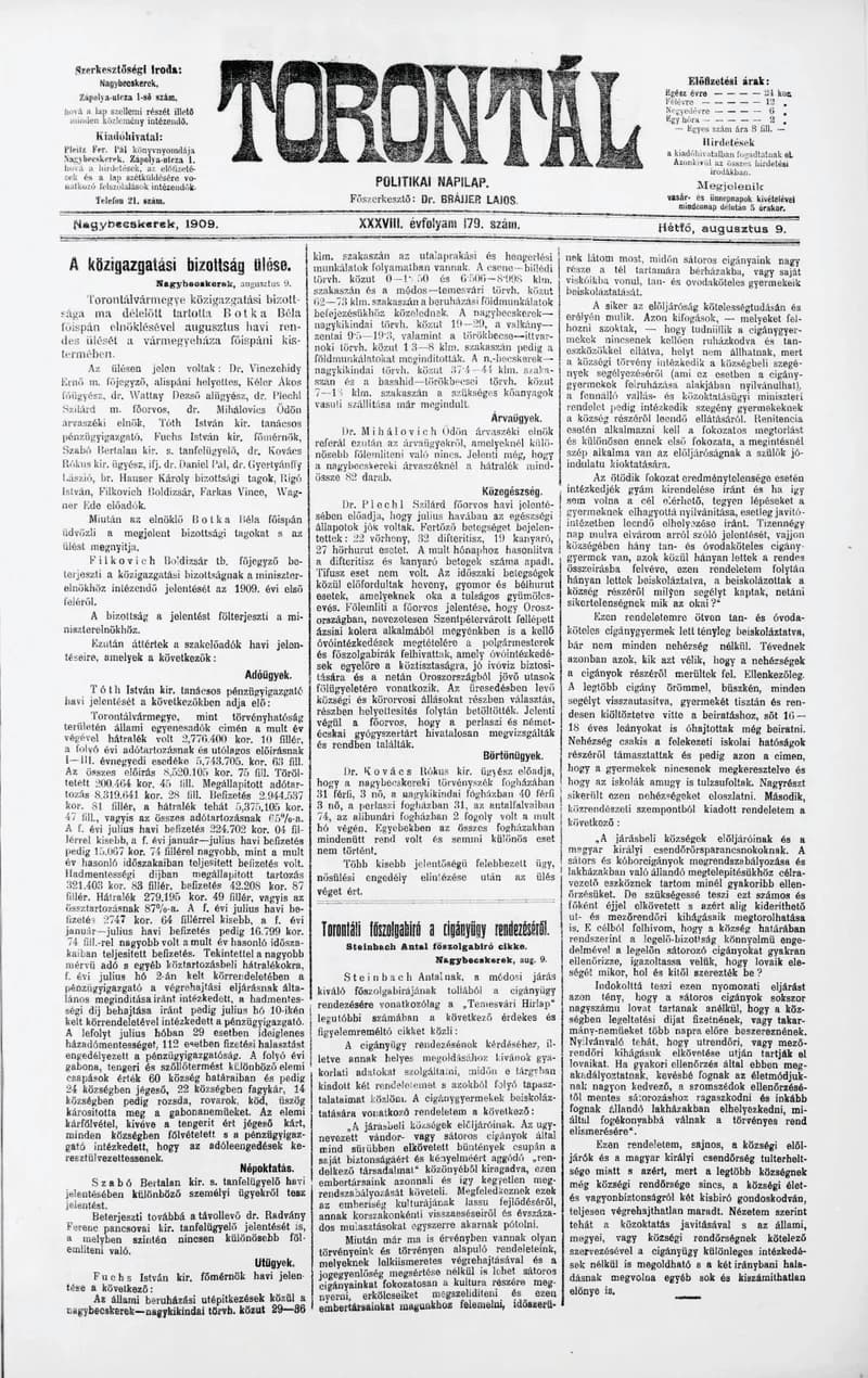 Torontál, 38. évf. 1909. augusztus 9. 179. sz.