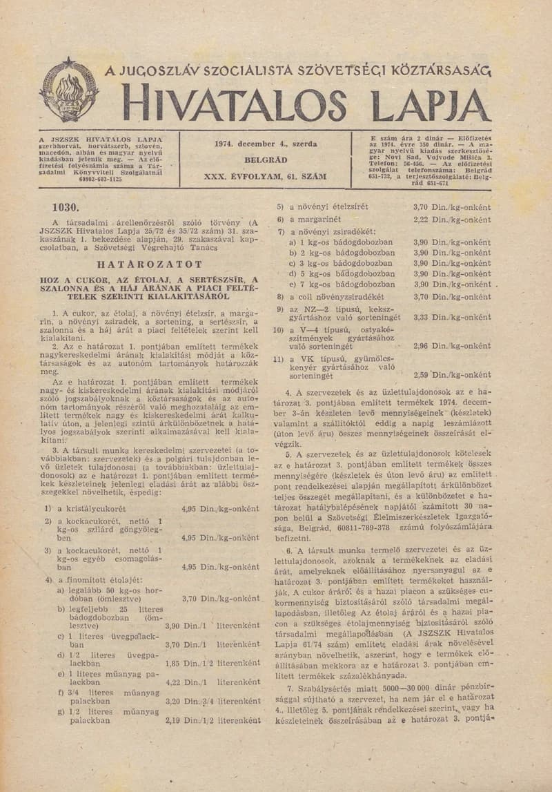 A Jugoszláv Szocialista Szövetségi Köztársaság Hivatalos Lapja, 30. évf. 1974. december 4. 61. sz. 1853–1860. oldal