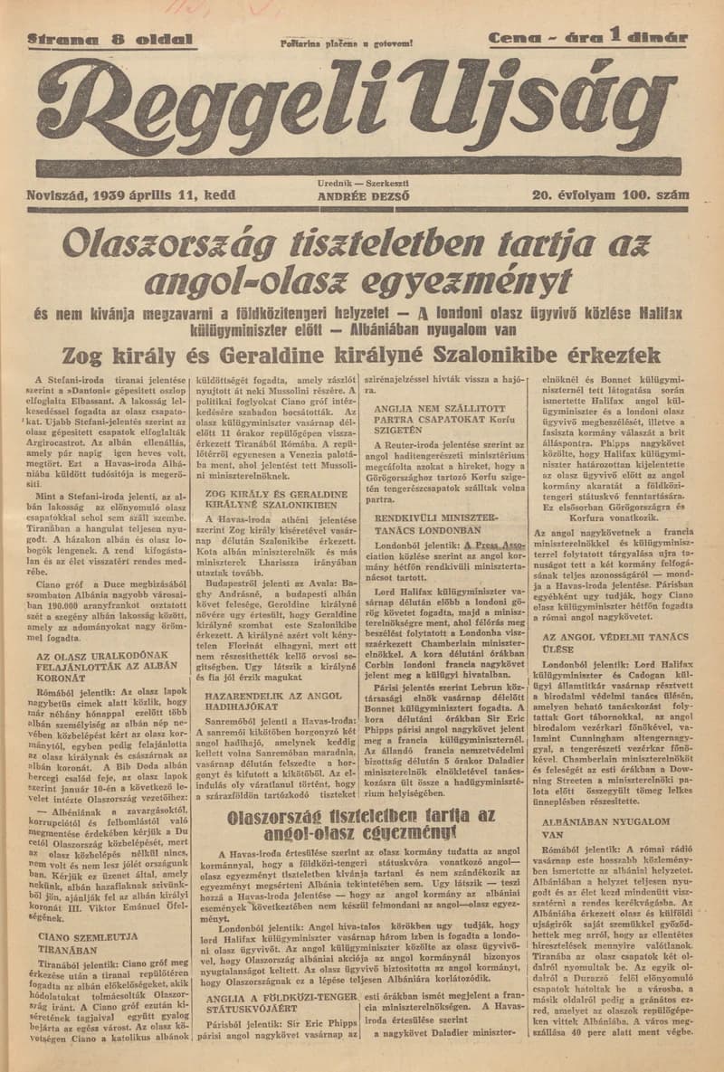 Reggeli Újság, 20. évf. 1939. április 11. 100. sz.