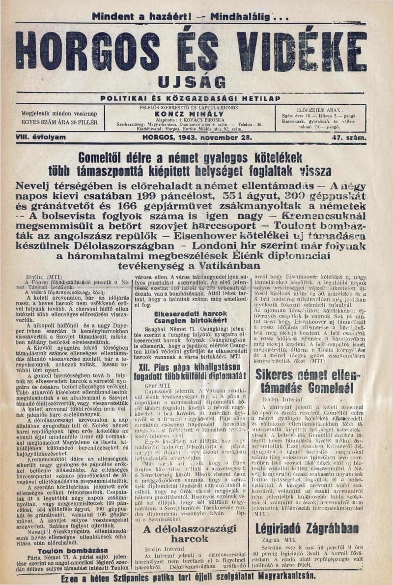 Horgos és vidéke, 8. évf. 1943. november 28. 47. sz.