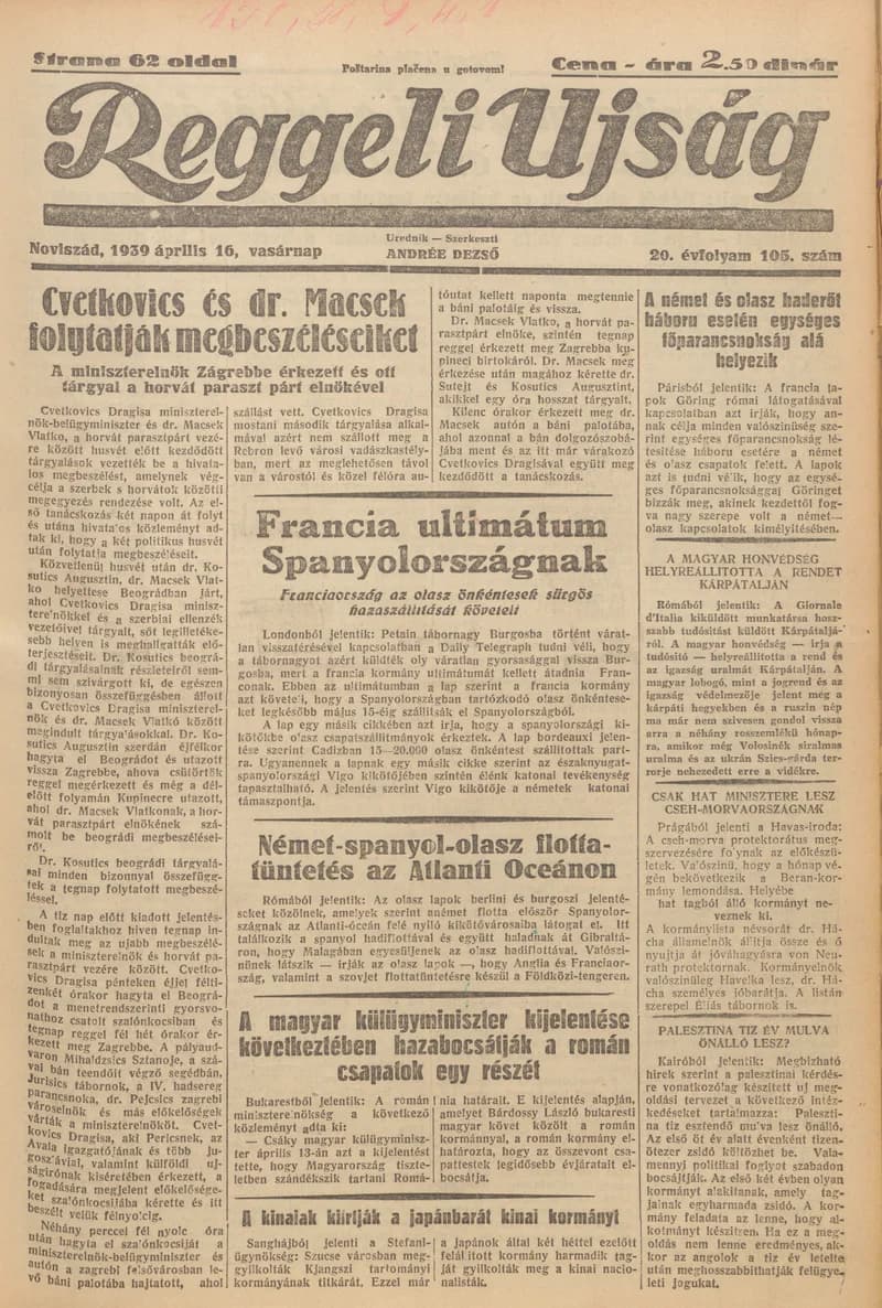 Reggeli Újság, 20. évf. 1939. április 16. 105. sz.