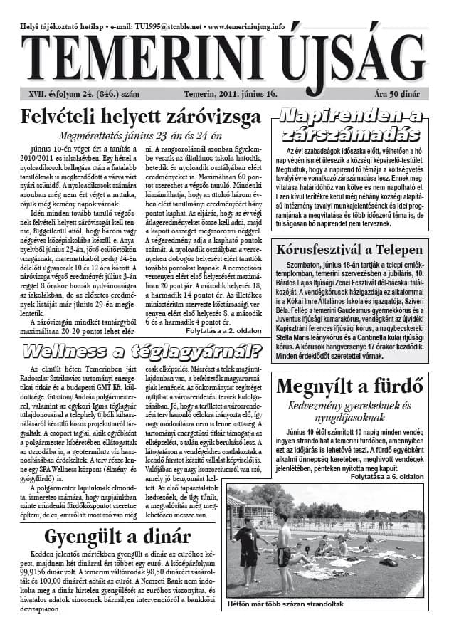 Temerini Újság, 17. évf. 2011. június 16. 24. sz.